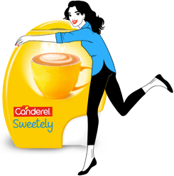 Canderel Sweetely tablets packshot being hugged by Canderella illustration